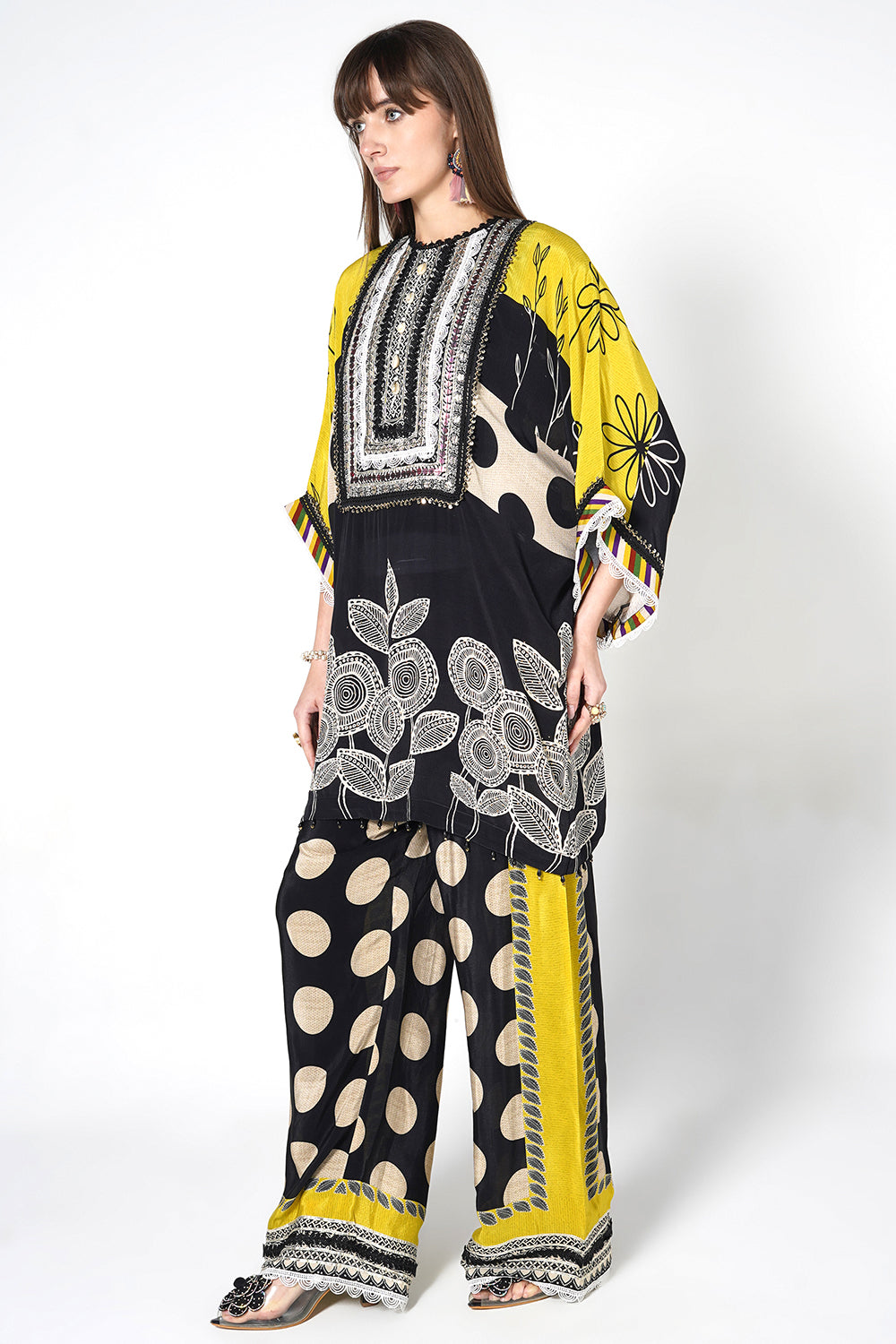 Mosaic Black Yellow Printed crepe Kurta Palazzo Statement Festive Co-Ord