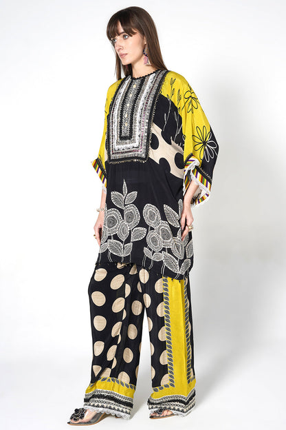 Mosaic Black Yellow Printed crepe Kurta Palazzo Statement Festive Co-Ord