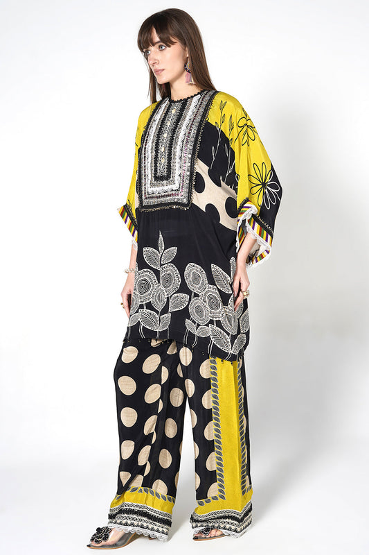 Mosaic Black Yellow Printed crepe Kurta Palazzo Statement Festive Co-Ord