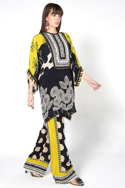 Mosaic Black Yellow Printed crepe Kurta Palazzo Statement Festive Co-Ord