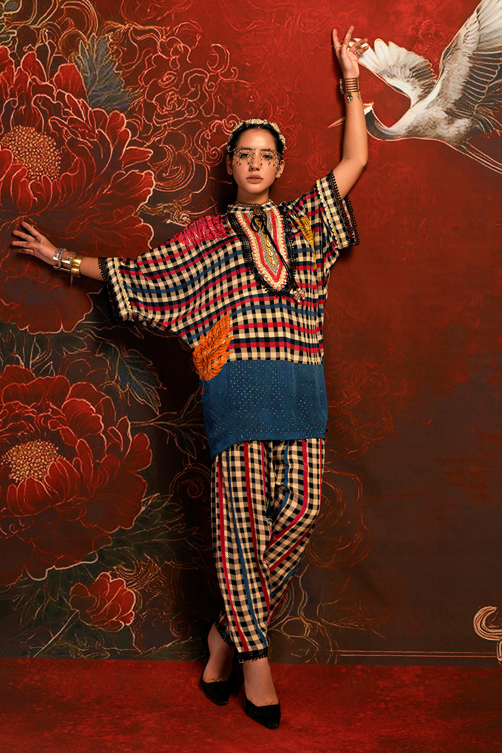 Mosaic Multicolor Checked Designer crepe Co-ord Statement Sleeve Set