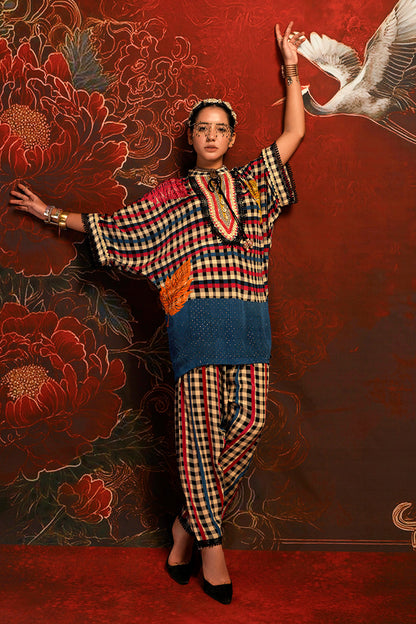 Mosaic Multicolor Checked Designer crepe Co-ord Statement Sleeve Set