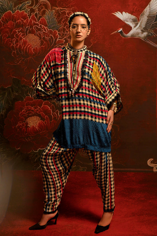 Mosaic Multicolor Checked Designer crepe Co-ord Statement Sleeve Set