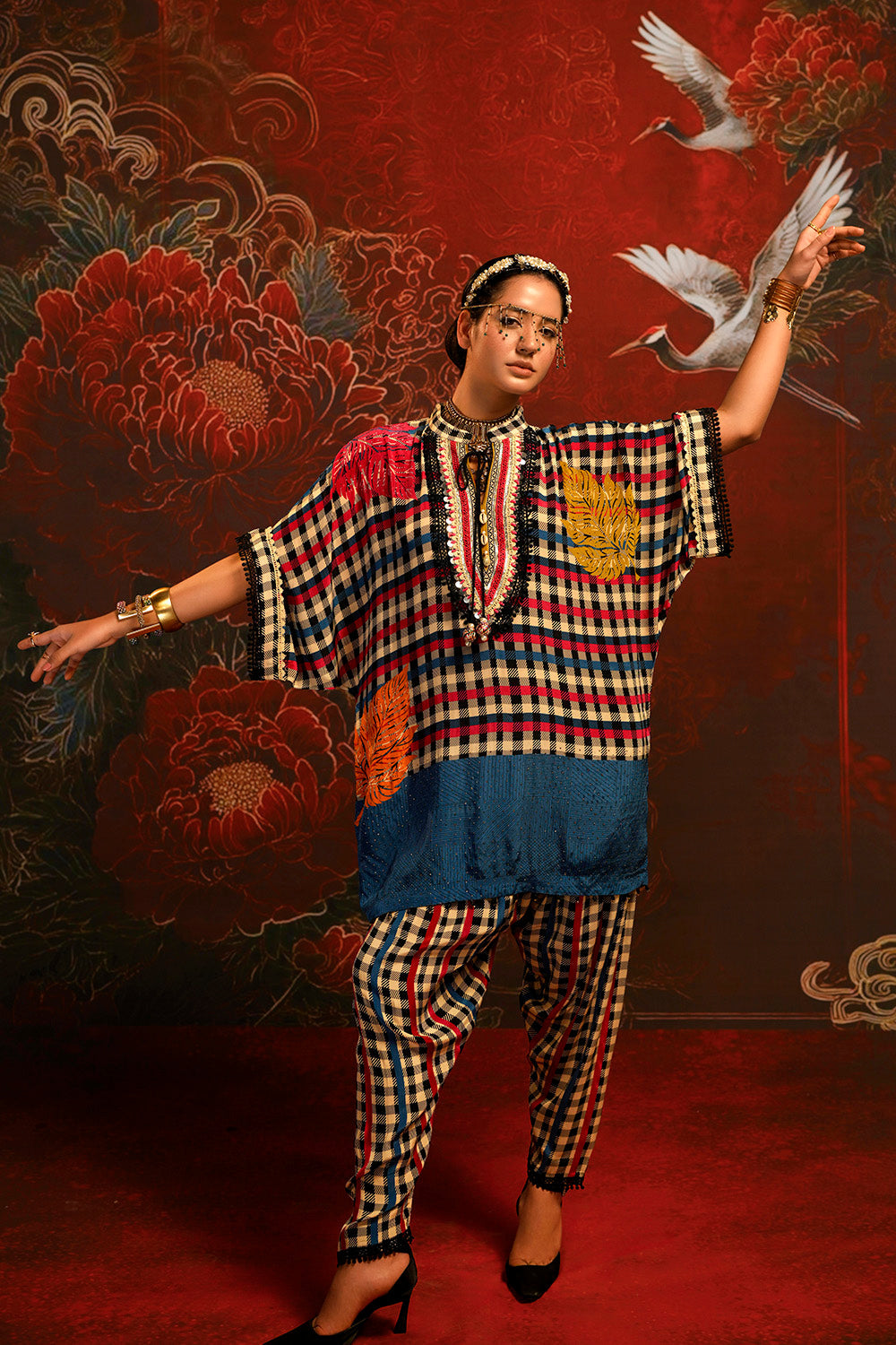 Mosaic Multicolor Checked Designer crepe Co-ord Statement Sleeve Set