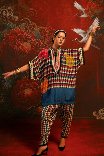 Mosaic Multicolor Checked Designer crepe Co-ord Statement Sleeve Set