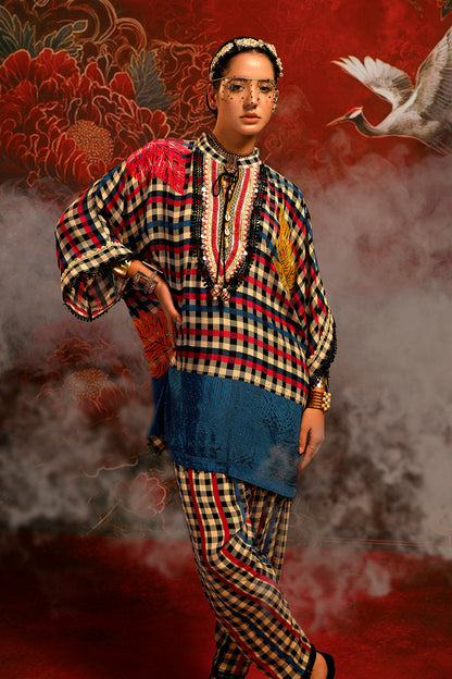 Mosaic Multicolor Checked Designer crepe Co-ord Statement Sleeve Set