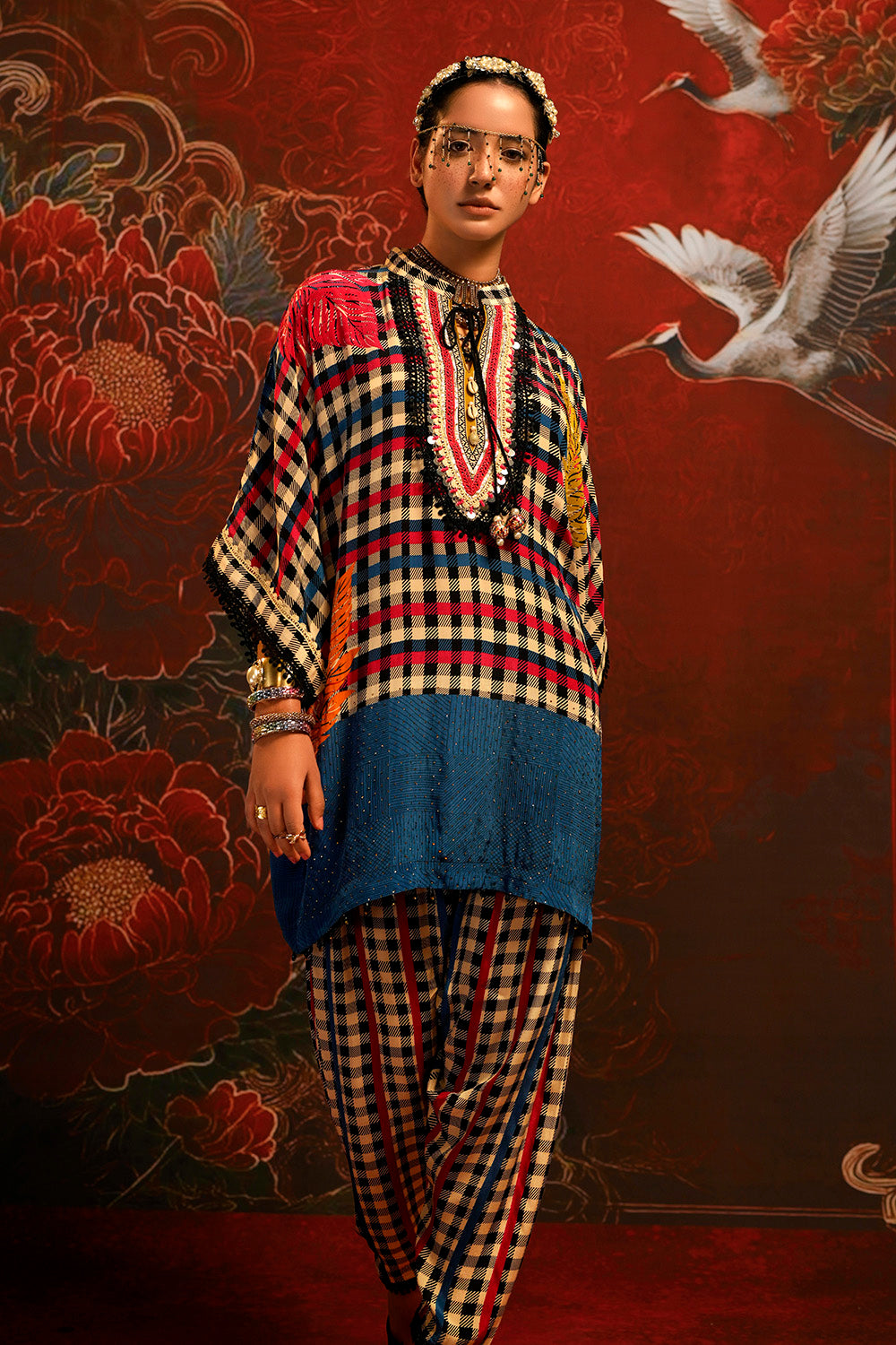 Mosaic Multicolor Checked Designer crepe Co-ord Statement Sleeve Set