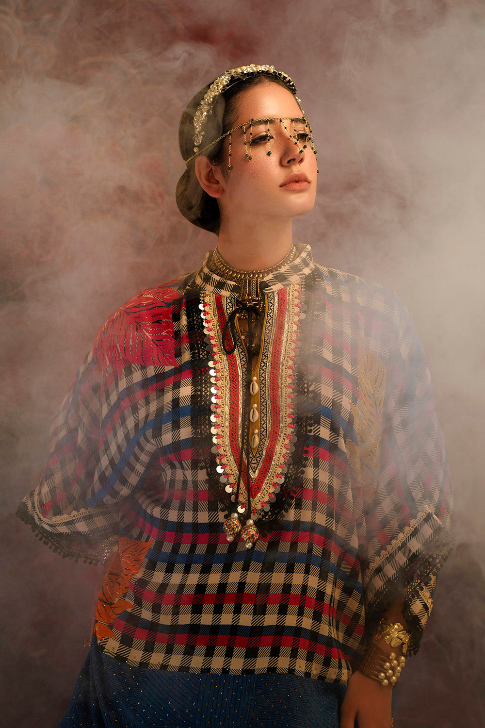 Mosaic Multicolor Checked Designer crepe Co-ord Statement Sleeve Set