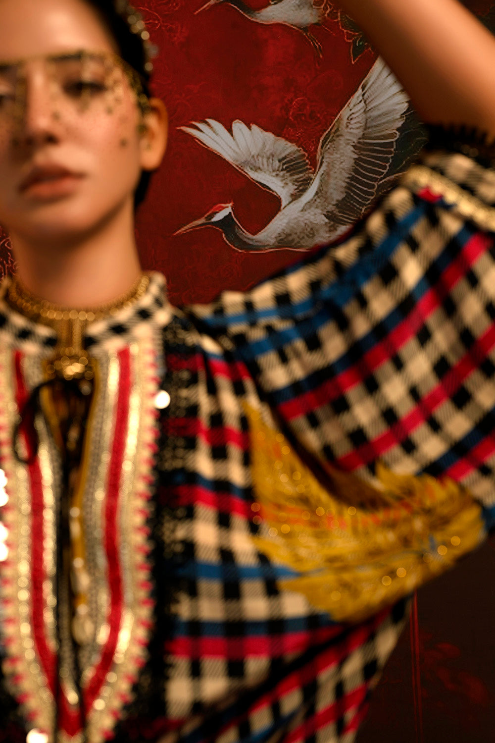 Mosaic Multicolor Checked Designer crepe Co-ord Statement Sleeve Set