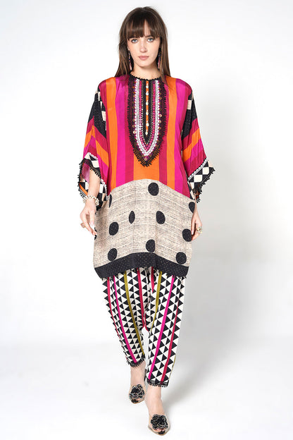 Mosaic Multicolor Striped Designer Kurta crepe Co-ord Statement Sleeves Set