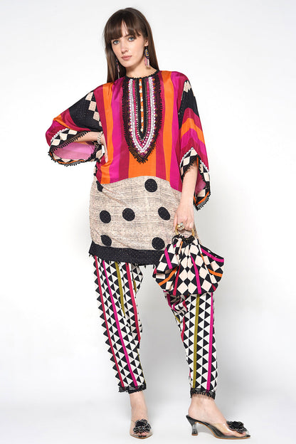 Mosaic Multicolor Striped Designer Kurta crepe Co-ord Statement Sleeves Set