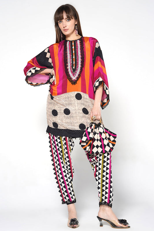 Mosaic Multicolor Striped Designer Kurta crepe Co-ord Statement Sleeves Set