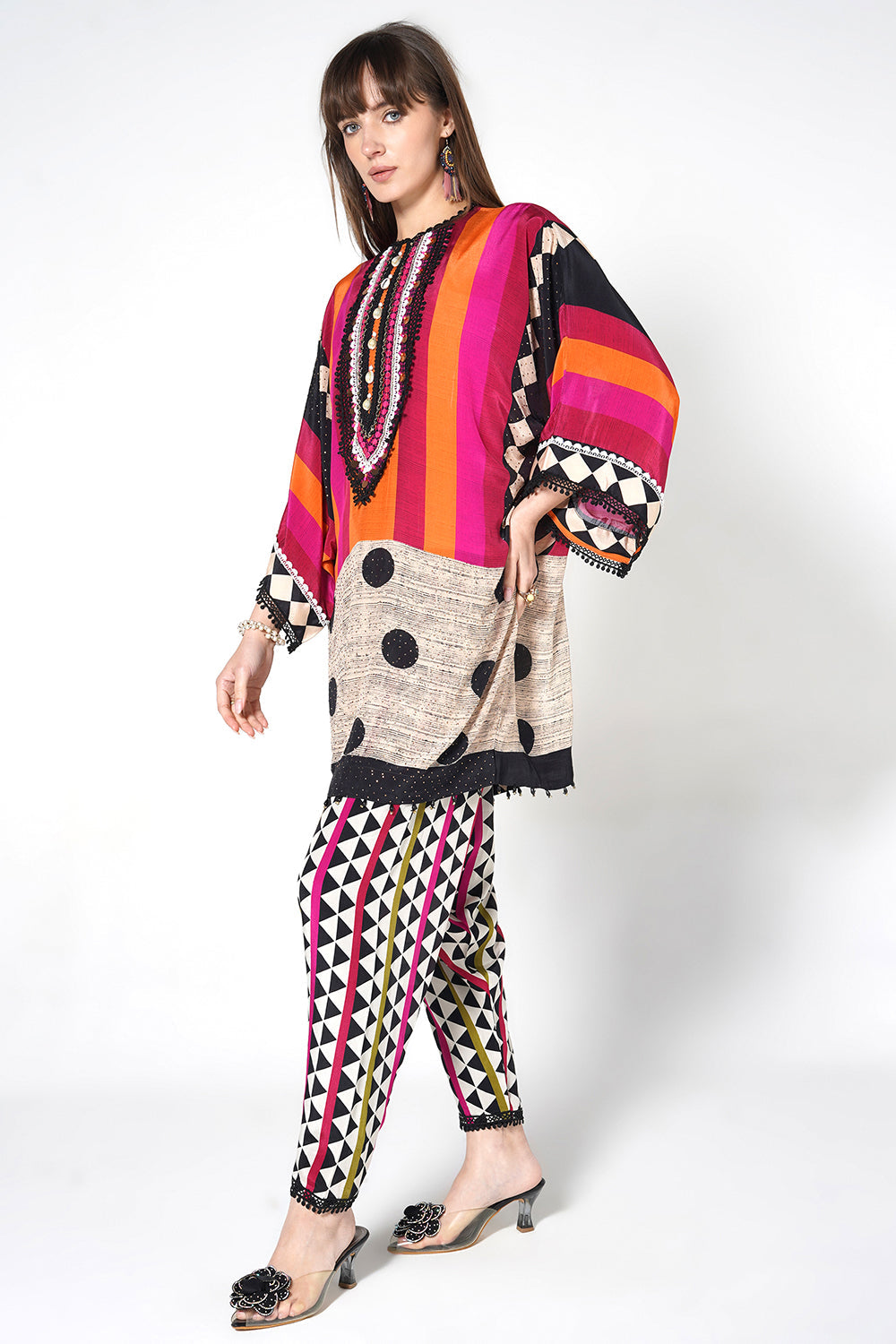 Mosaic Multicolor Striped Designer Kurta crepe Co-ord Statement Sleeves Set