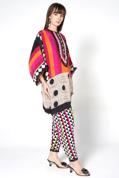 Mosaic Multicolor Striped Designer Kurta crepe Co-ord Statement Sleeves Set