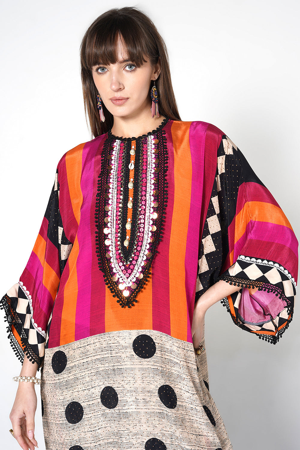 Mosaic Multicolor Striped Designer Kurta crepe Co-ord Statement Sleeves Set
