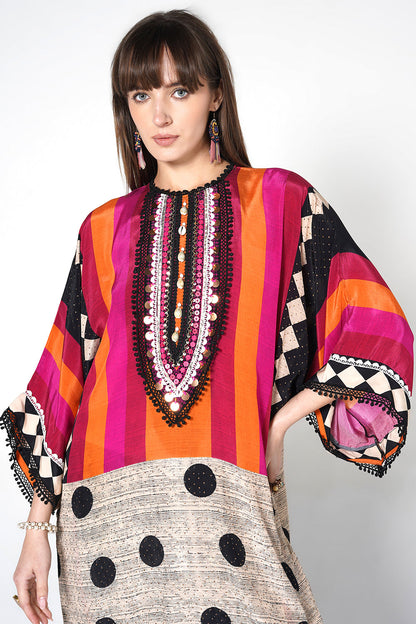 Mosaic Multicolor Striped Designer Kurta crepe Co-ord Statement Sleeves Set