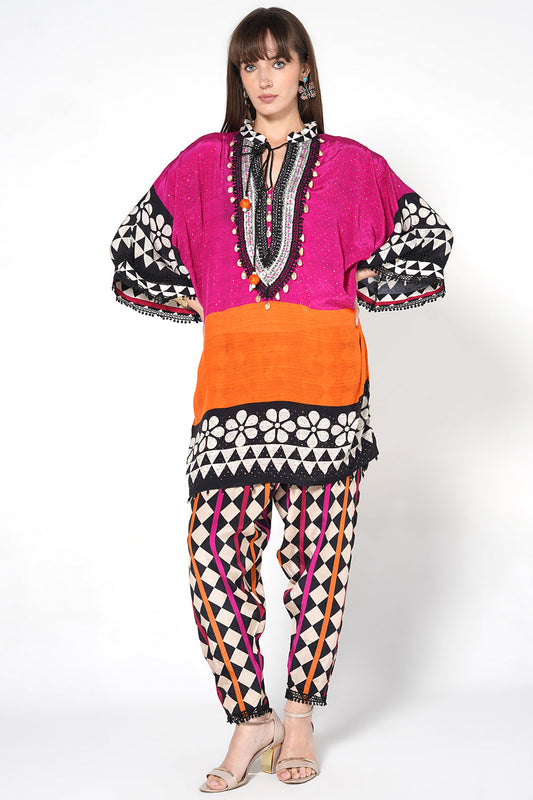 Mosaic Pink Orange Printed Designer Kaftan Kurta crepe Co-ord Set