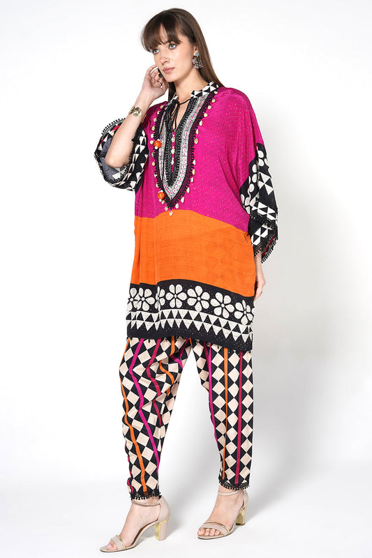 Mosaic Pink Orange Printed Designer Kaftan Kurta crepe Co-ord Set