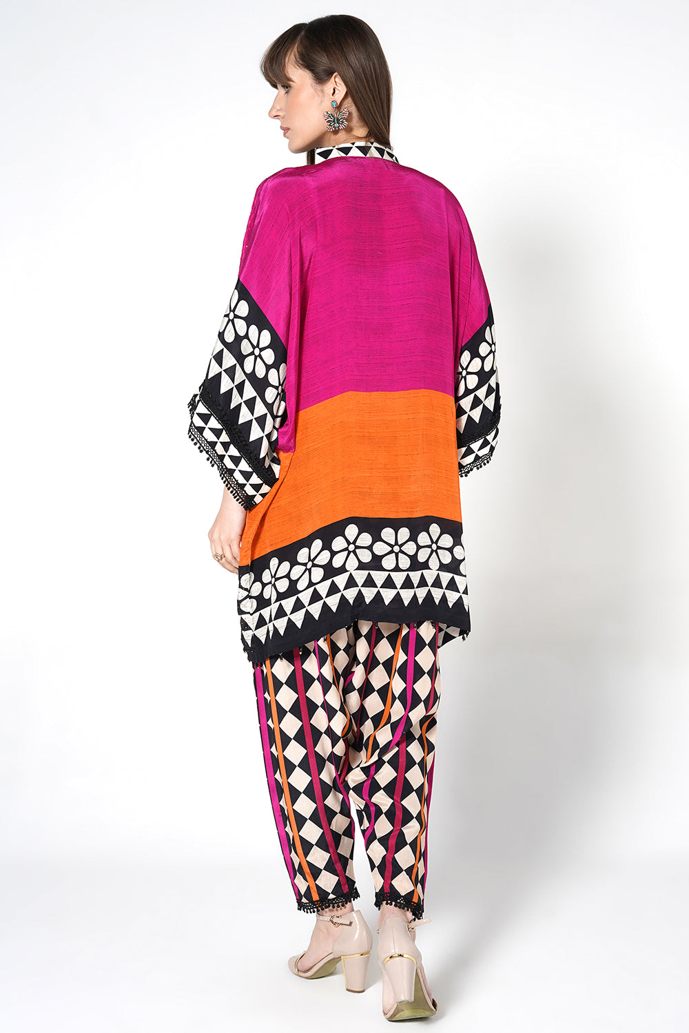 Mosaic Pink Orange Printed Designer Kaftan Kurta crepe Co-ord Set