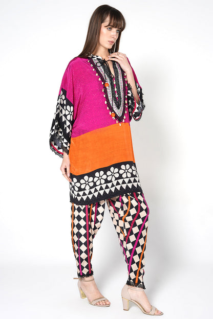 Mosaic Pink Orange Printed Designer Kaftan Kurta crepe Co-ord Set