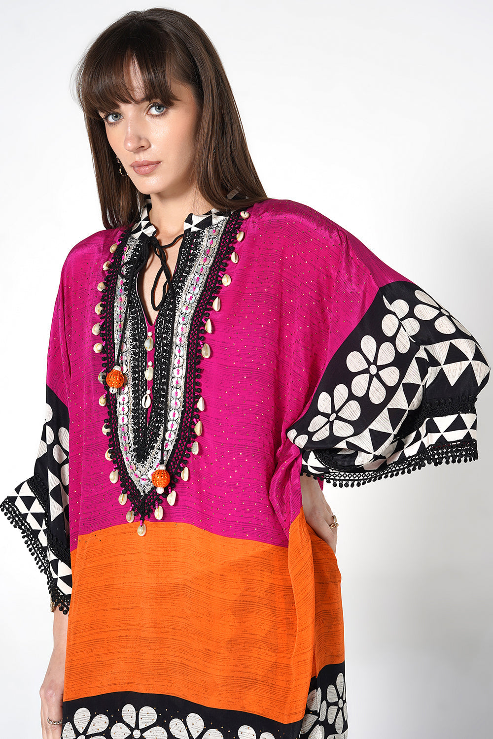 Mosaic Pink Orange Printed Designer Kaftan Kurta crepe Co-ord Set