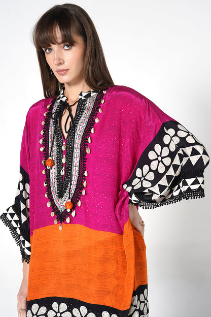 Mosaic Pink Orange Printed Designer Kaftan Kurta crepe Co-ord Set