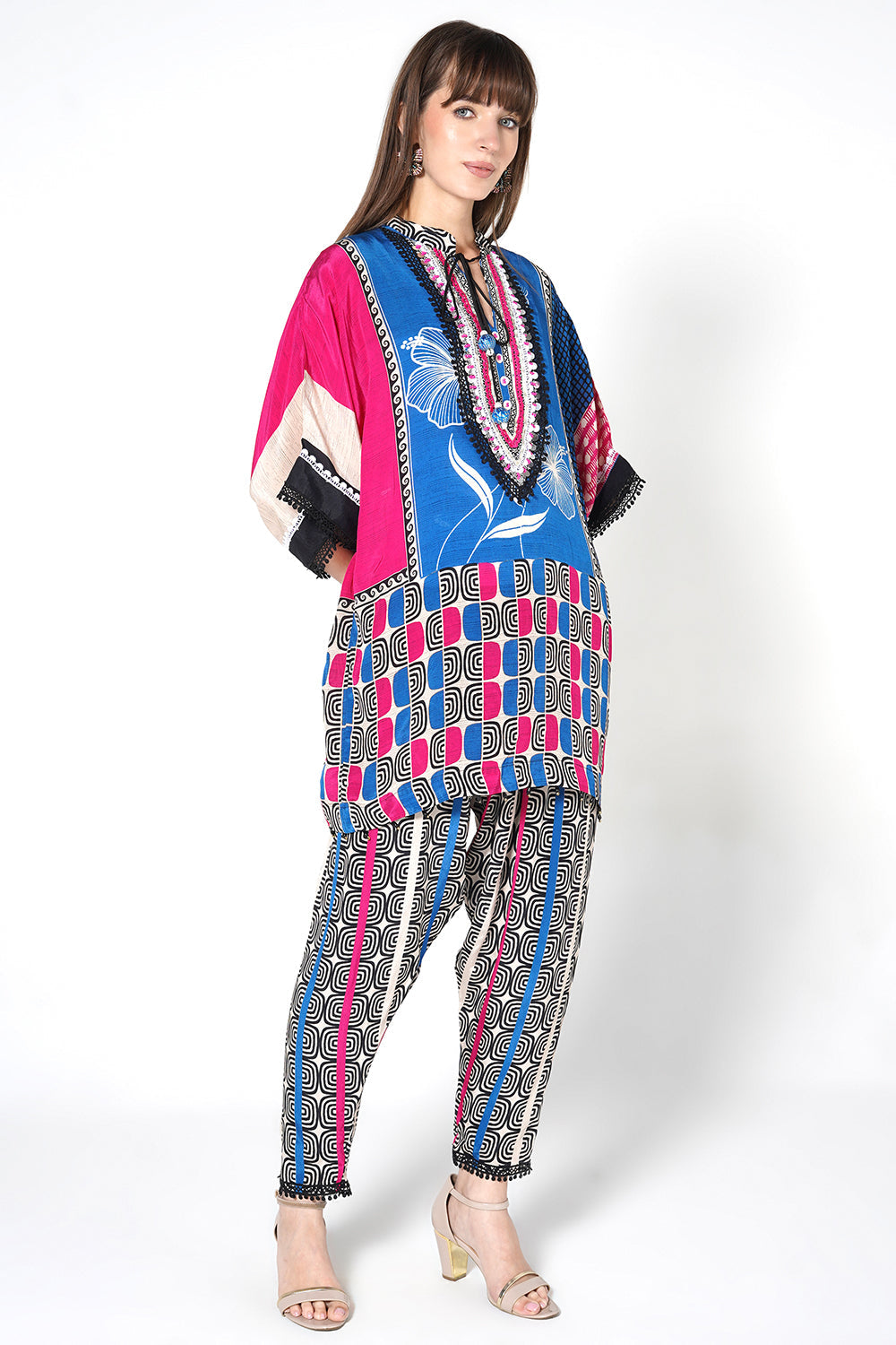 Mosaic Printed crepe Kaftan Kurta Co-Ord Set Statement Sleeves