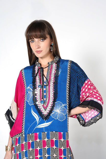 Mosaic Printed crepe Kaftan Kurta Co-Ord Set Statement Sleeves