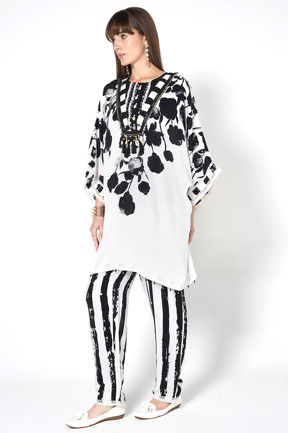 Mosaic White Black Printed Designer Kurta Contemporary crepe Co-ord Set
