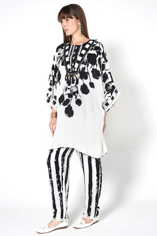 Mosaic White Black Printed Designer Kurta Contemporary crepe Co-ord Set