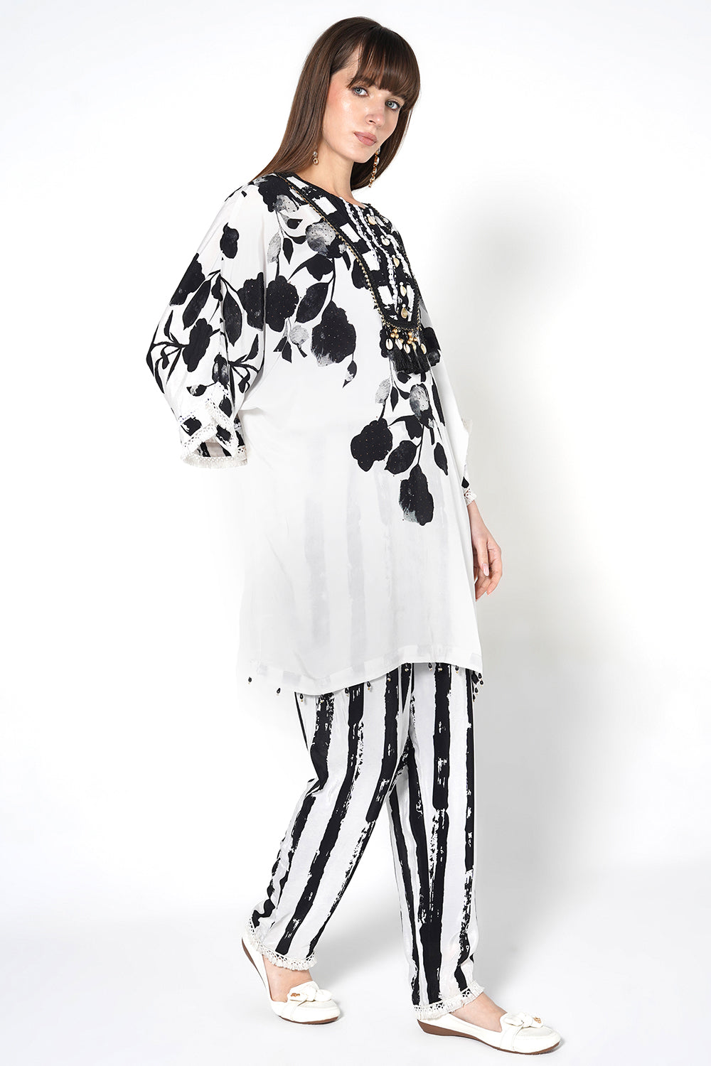 Mosaic White Black Printed Designer Kurta Contemporary crepe Co-ord Set