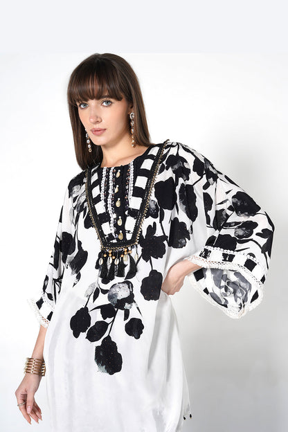 Mosaic White Black Printed Designer Kurta Contemporary crepe Co-ord Set