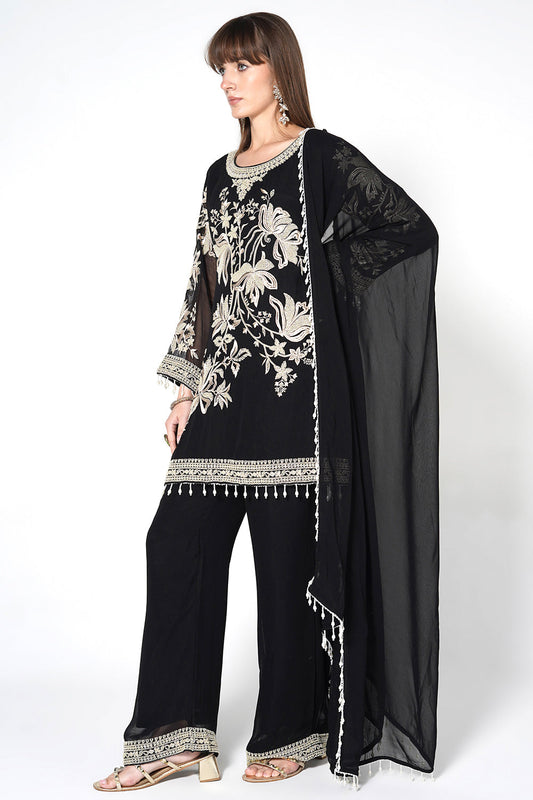 Mouse Grey Georgette Kurta Set With Contrast White Embroidery And Matching Dupatta
