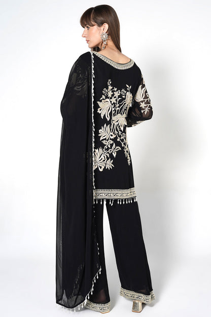 Mouse Grey Georgette Kurta Set With Contrast White Embroidery And Matching Dupatta
