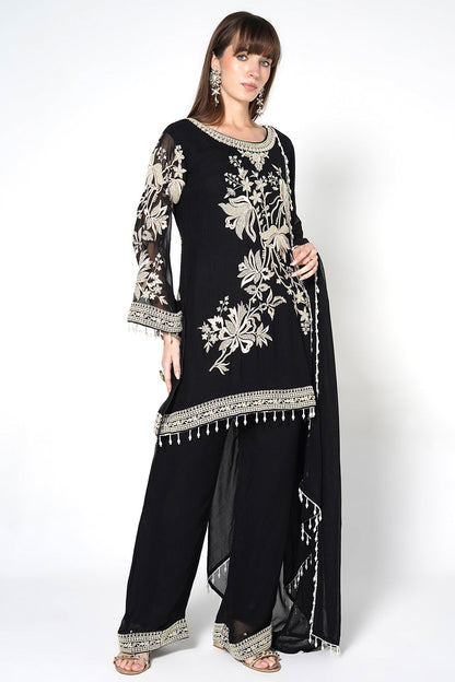 Mouse Grey Georgette Kurta Set With Contrast White Embroidery And Matching Dupatta