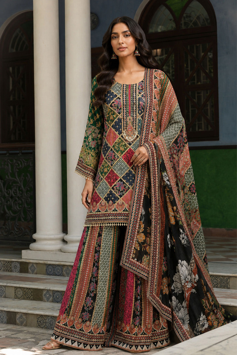 Multicolor Crepe Sharara Suit With Printed Kurta And Dupatta Design