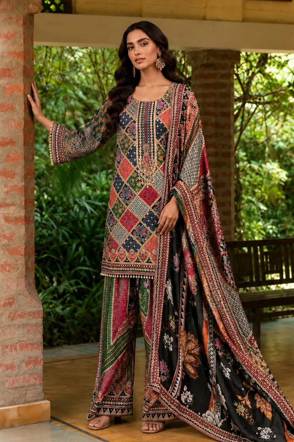 Multicolor Crepe Short Kurti With Printed Farshi Pants And Dupatta