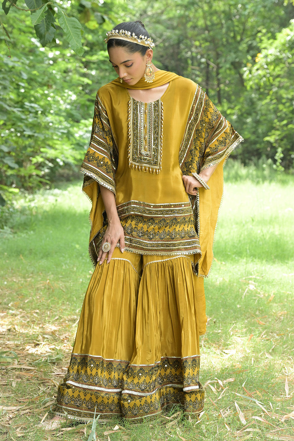Mustard Solid Crepe Sharara Pant Kaftan Suit With Printed Borders
