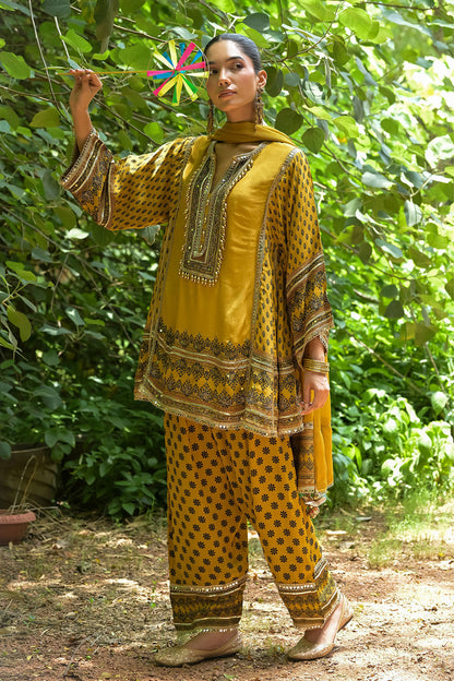 Mustard Solid Crepe Short Kurti With Farshi Pant And Dupatta