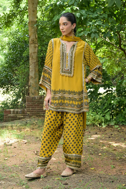 Mustard Solid Crepe Short Kurti With Farshi Pant And Dupatta