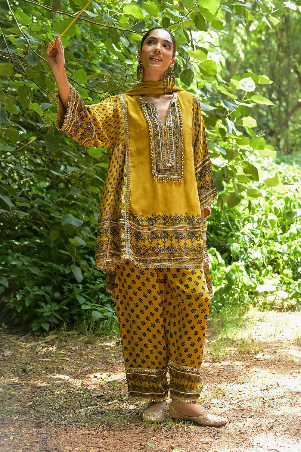 Mustard Solid Crepe Short Kurti With Farshi Pant And Dupatta