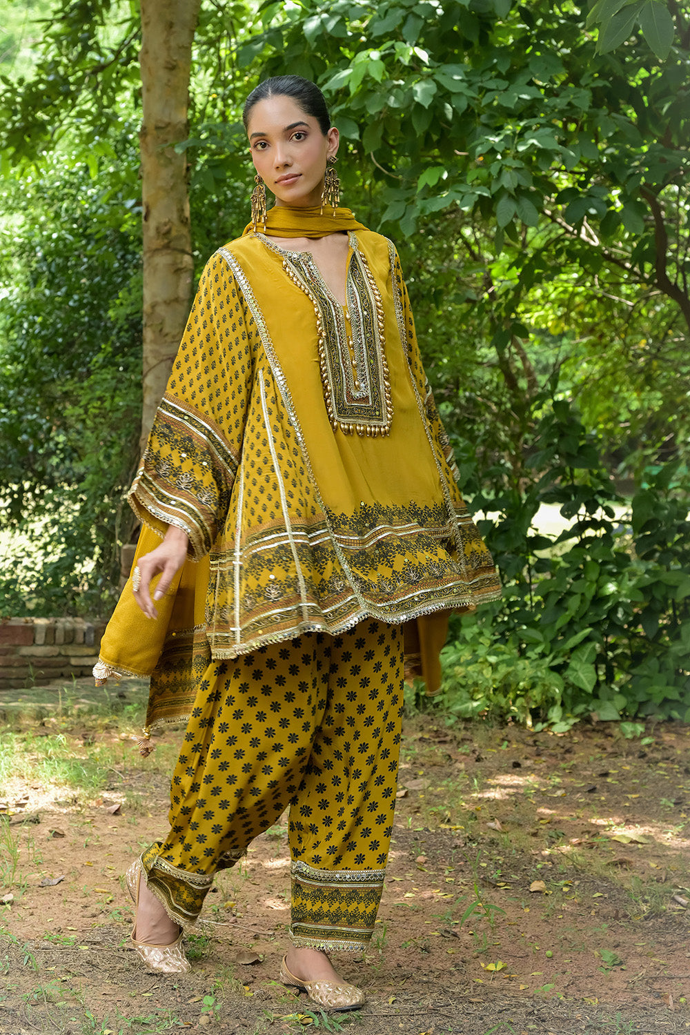 Mustard Solid Crepe Short Kurti With Farshi Pant And Dupatta