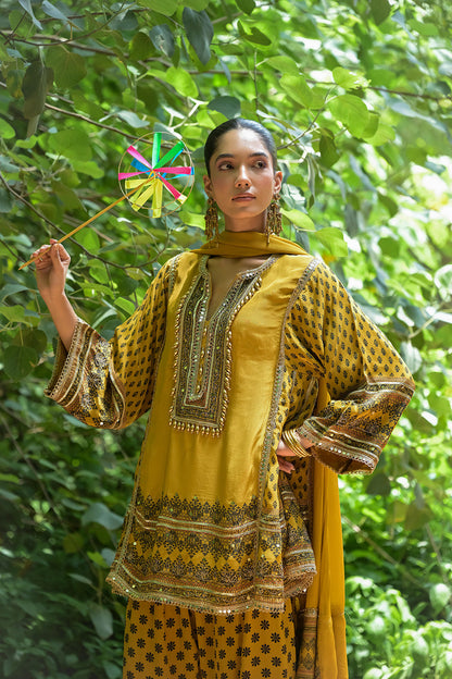 Mustard Solid Crepe Short Kurti With Farshi Pant And Dupatta