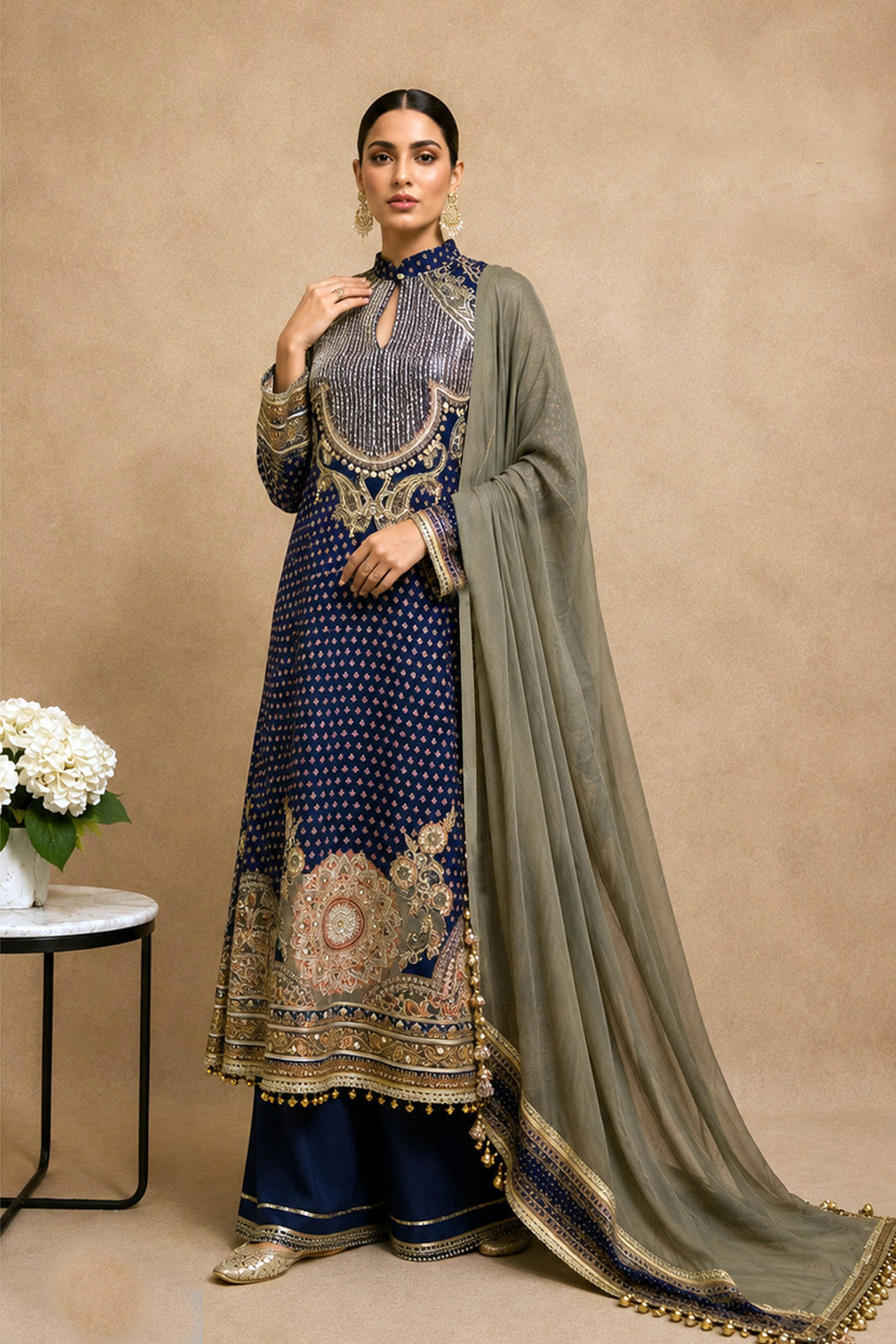 Navy Blue Crepe Kurta Palazzo Suit With Grey Dupatta Detailing