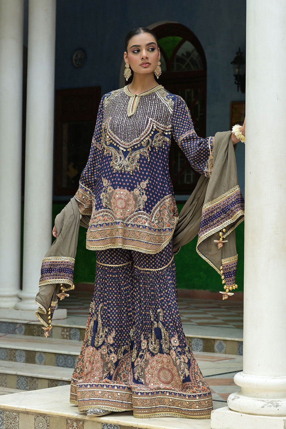 Navy Blue Crepe Sharara Suit With Embroidered Kurta And Dupatta