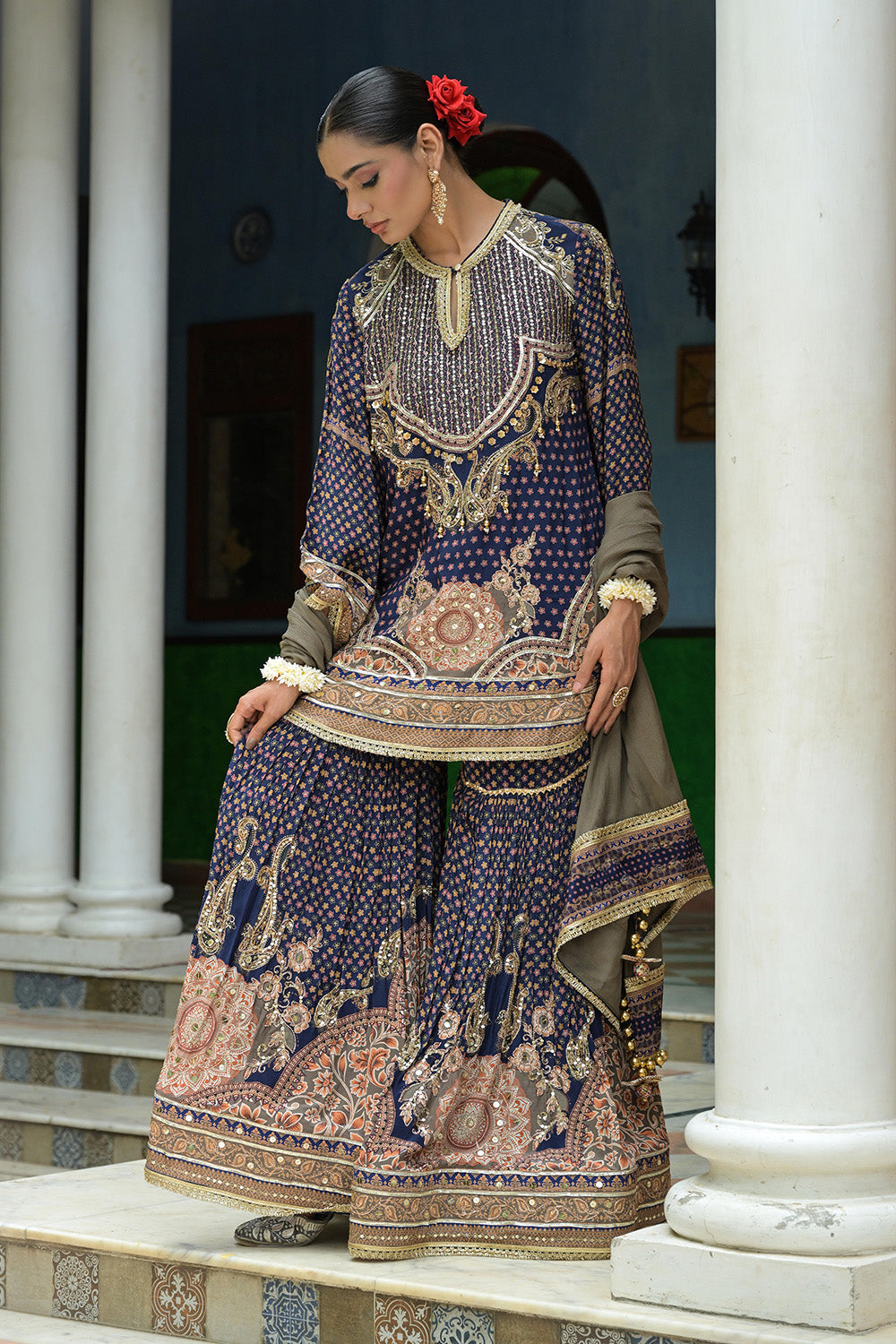 Navy Blue Crepe Sharara Suit With Embroidered Kurta And Dupatta