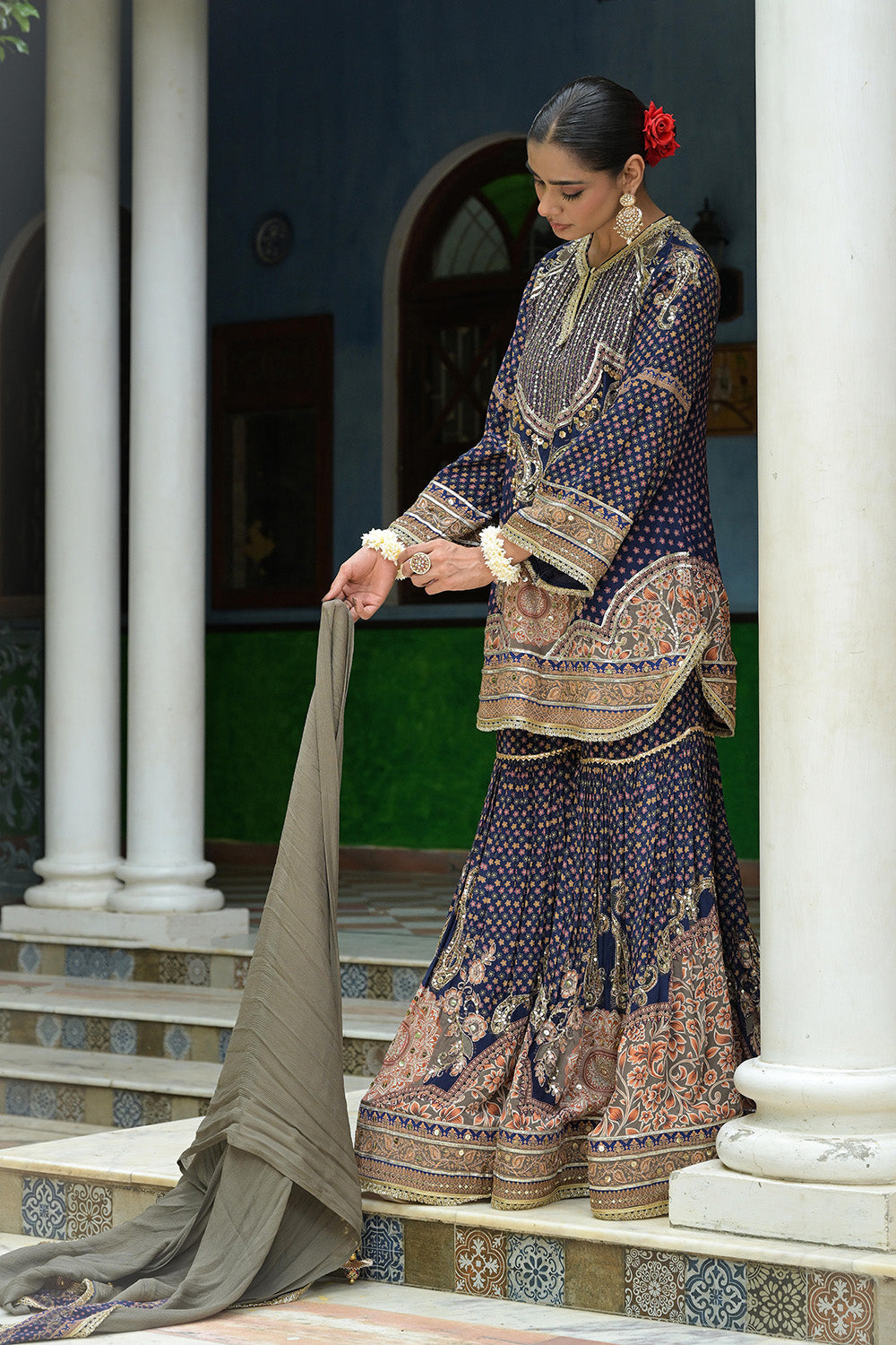 Navy Blue Crepe Sharara Suit With Embroidered Kurta And Dupatta