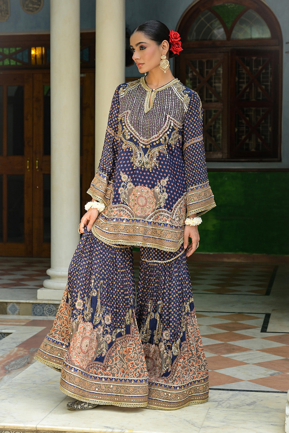 Navy Blue Crepe Sharara Suit With Embroidered Kurta And Dupatta
