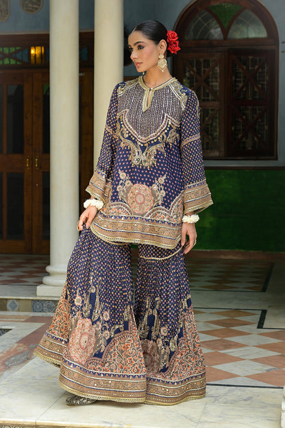 Navy Blue Crepe Sharara Suit With Embroidered Kurta And Dupatta