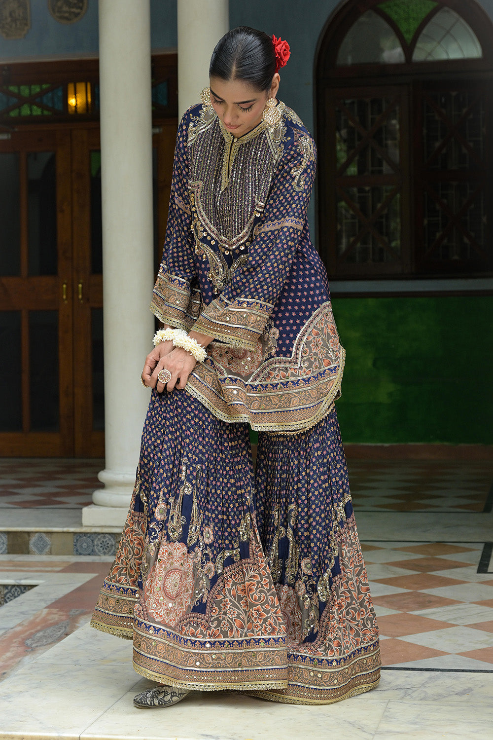 Navy Blue Crepe Sharara Suit With Embroidered Kurta And Dupatta